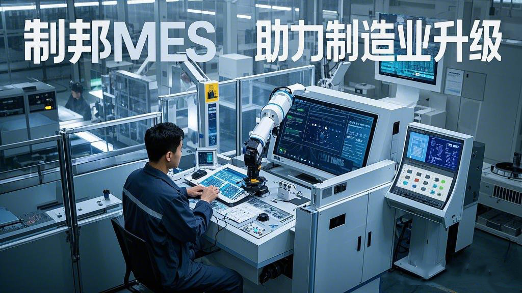 主題為 “制邦MES 助力制造業(yè)升級(jí)”。畫(huà)面呈現(xiàn)出一個(gè)現(xiàn)代化的智能工廠，車(chē)間里機(jī)械臂有序地工作，在工廠的中控室里，大屏幕上展示著生產(chǎn)數(shù)據(jù)和制邦MES的數(shù)據(jù)分析圖表，一位工程師正在通